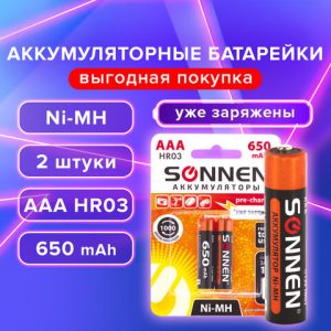 Батарейки аккумуляторные Ni-Mh, мизинчиковые, 650 mAh, SONNEN, 2 штуки в комплекте (1 упаковка)