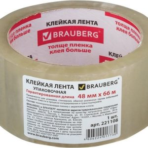 Лента клейкая упаковочная BRAUBERG, 48 мм * 66 м, прозрачная, толщина 45 мкм